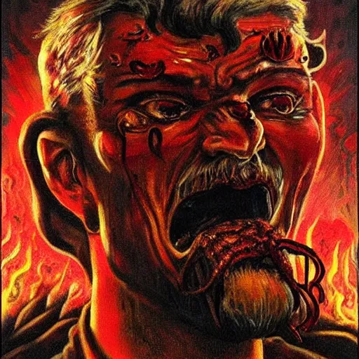 Image similar to igor ivanovich strelkov became an bloody angry degraded satanic hellfire demon and calling for total mobilization, photo - realistic, color image, 2 k, highly detailed, bodyhorror, occult art