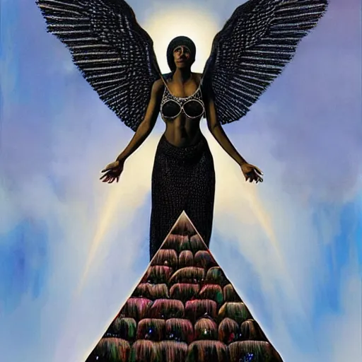 Image similar to isis depicted as a black woman with large iridescent wings in front of a crystal pyramid by Aliza Razell, chris leib, and thomas blackshear, oil on canvaa