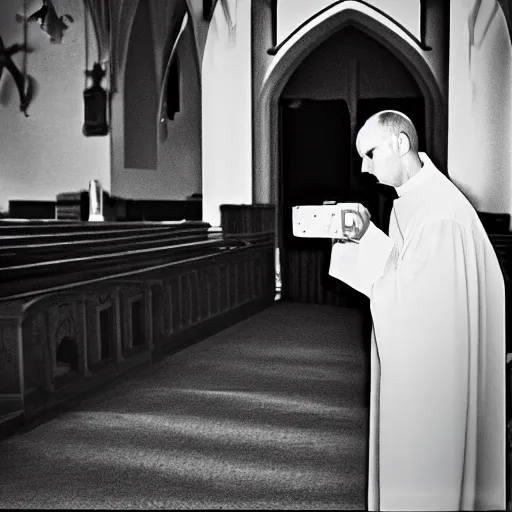 Prompt: a priest in a church holding up a nintendo gamecube, cinematic, close up shot, 35mm film, color