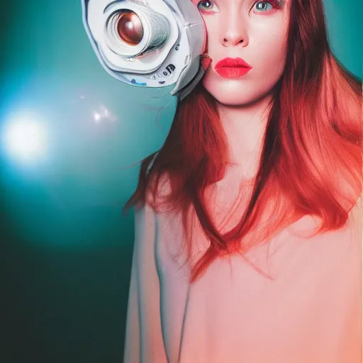 Image similar to fisheye medium format color portrait of a model with surreal style, camera flash