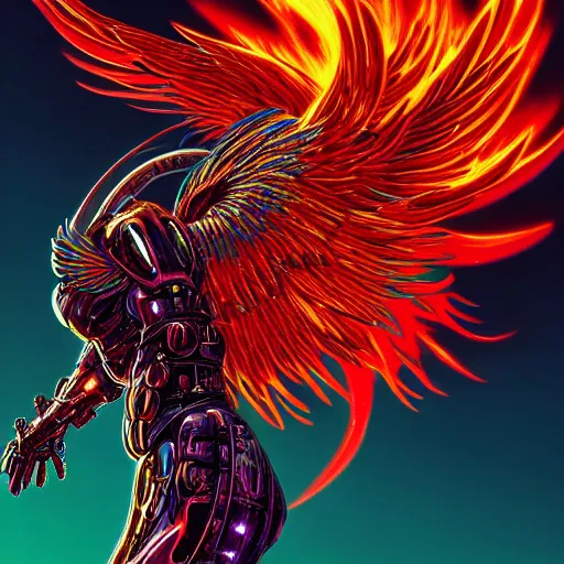 Prompt: ((((((GTA Cover art)))))): Extraterrestrial Phoenix Soul Redeemer, cyberpunk, Hyper-detailed cybernetic Phoenix-God, ArtStation, 4k, epic, phenomenally aesthetic, bright, rich and gaudily