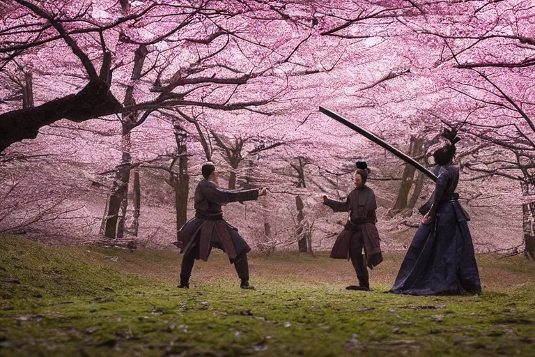 Image similar to vfx movie scene samurai couple stand off blades drawn in cherry blossom forest, natural lighting by emmanuel lubezki