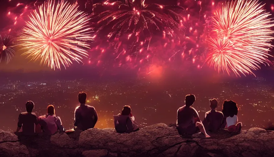 Image similar to people sitting on a hill watching fireworks above los angeles, hyperdetailed, artstation, cgsociety, 8 k