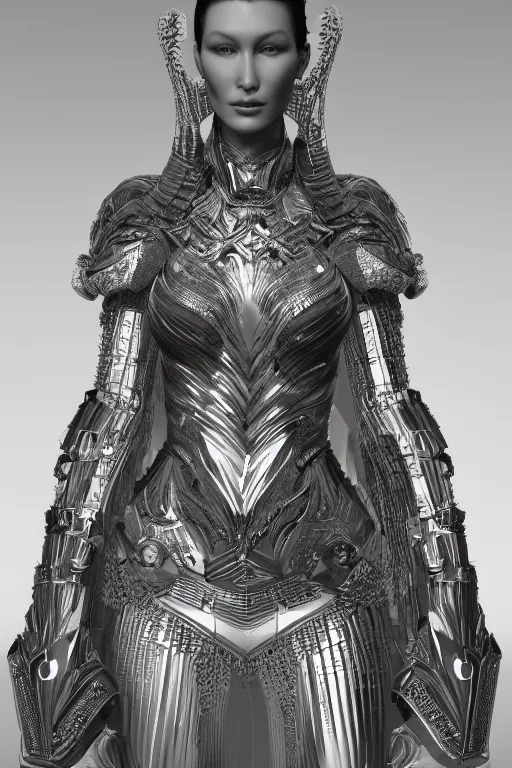 Prompt: a highly detailed 4 k render of a beautiful tall alien goddess bella hadid in iris van herpen dress armor schiaparelli in diamonds and jewelry in style of alphonse mucha trending on artstation made in unreal engine 4