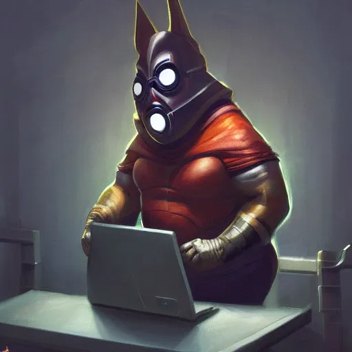 Prompt: a insanely detailed painting of a fat masked superhero wearing a costume sitting at a desk, staring at the nervously at the computer and clicking on the mouse, in the style of peter mohrbacher, dramatic lighting and composition, trending on artstation, concept art, comic book