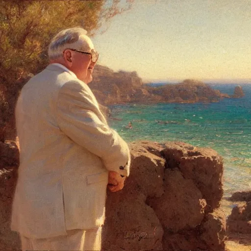 Image similar to detailed cinematic shot of warren buffet with white clothes in the mediterranean beach, spring light, painting by gaston bussiere, craig mullins, j. c. leyendecker