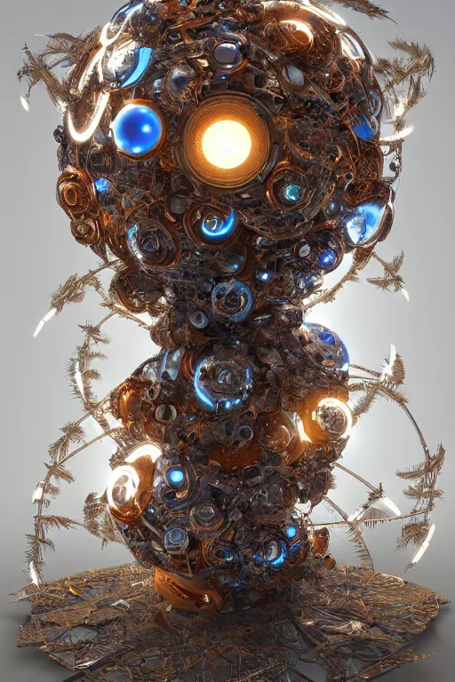 Image similar to a mystical spiral fractal cyborg made of scrap metal and glowing spherical balls and leaves and feathers, 3 d, trending on artstation, octane render, 8 k, by donato giancola