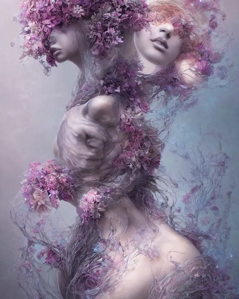 Prompt: a sculpture of interlaced gorgeous etherial females, made of mist, made of flowers, a digital painting, Andrew Ferez, Charlie Bowater, Marco Mazzoni, Seb McKinnon, Ryohei Hase, Alberto Seveso, Kim Keever, trending on cgsociety, featured on zbrush central, new sculpture, mystical