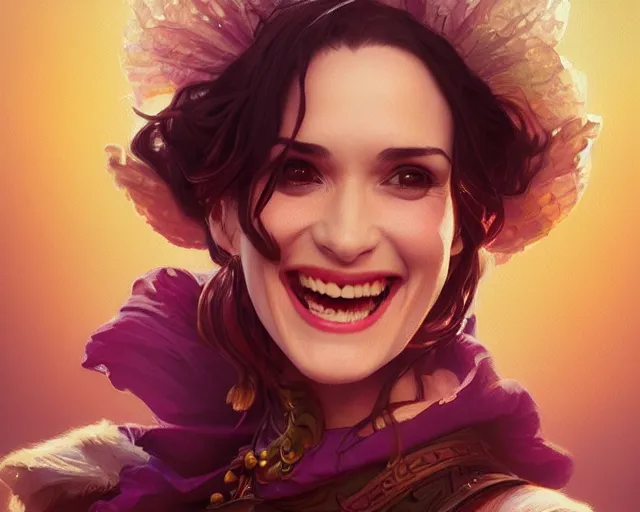 Image similar to winona ryder laughing and smiling, photography of kurzgesagt, deep focus, d & d, fantasy, intricate, elegant, highly detailed, digital painting, artstation, concept art, matte, sharp focus, illustration, hearthstone, art by artgerm and greg rutkowski and alphonse mucha