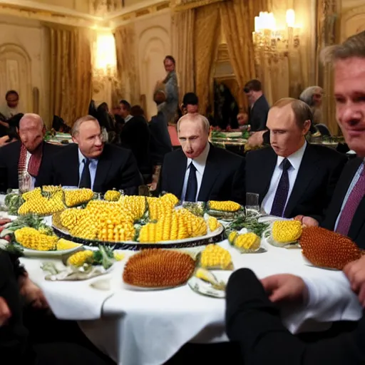 Prompt: Putin dines on tiny pineapples, at his feet huddle jaguar ladies, the room is raucous and joyful, high definition.