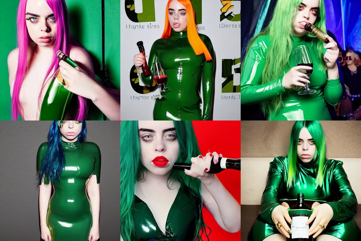 Prompt: a beautiful Billie Eilish with a beautiful face in green latex dress holding a glass of wine