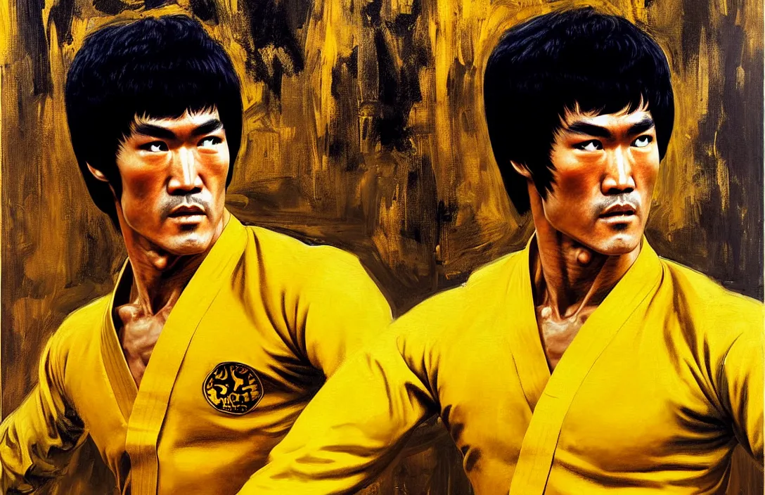 Prompt: portrait of bruce lee in yellow jump suit!!!!!!!!!!!!!!!!!!!!!!!!!!!, detailed face, detailed painting, epic lighting, by ilya repin, phil hale and kent williams