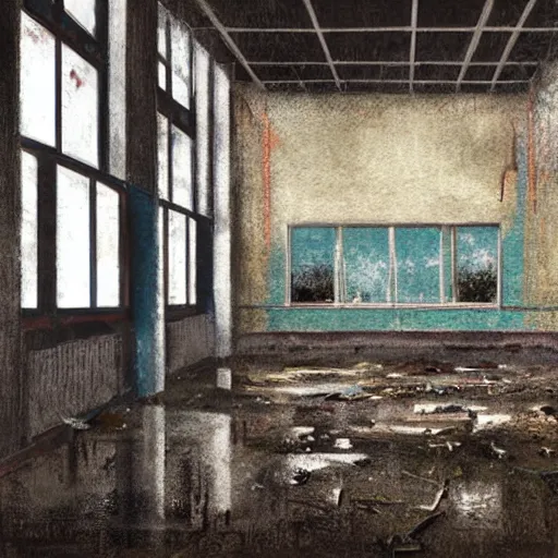 Prompt: Nansaem a painting of an abandoned old school with gloomy In a style of Mark Rothko , wet flood floor, windows and glasses are broken, minor parts are overgrown, wet Floor, dystopian, concept art, artstation trending, cinematic, ultra details, Detailed surface, artstaion by Borys Kernytskyi, Ray of light in the building trough windows. Volumetric light. Hyperdetailed. Hyper realism.