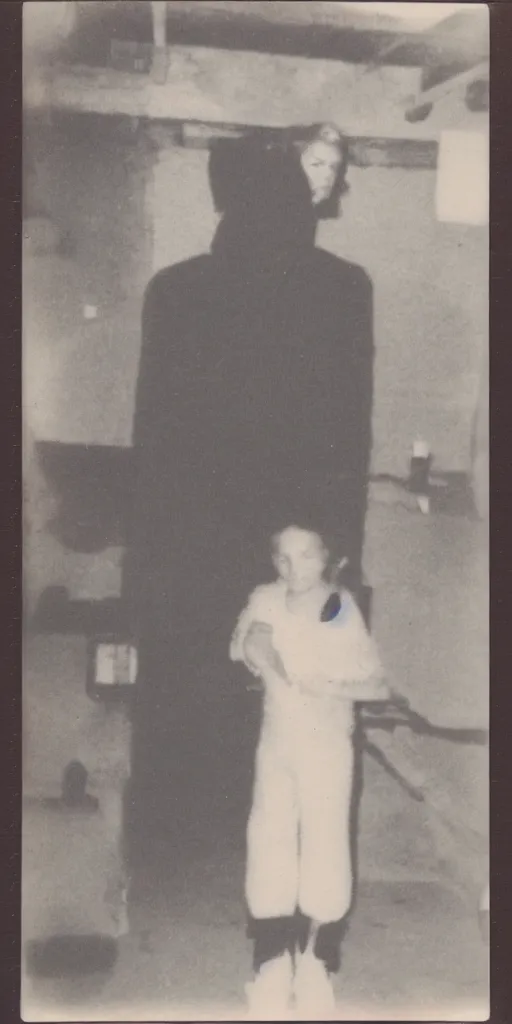 Prompt: found polaroid photo of a pale cryptid in a musty basement