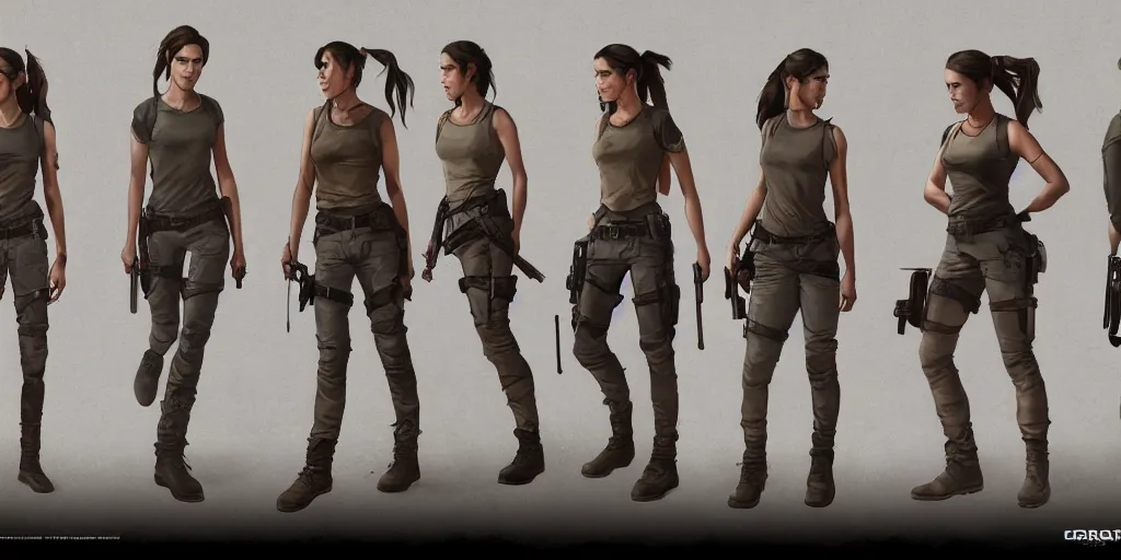 Image similar to young lara croft, character sheet, concept design, contrast, hot toys, kim jung gi, greg rutkowski, zabrocki, karlkka, jayison devadas, trending on artstation, 8 k, ultra wide angle, pincushion lens effect