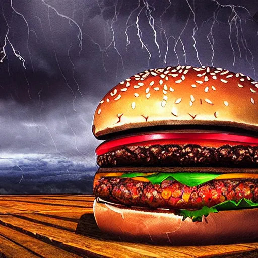 Image similar to a demonic burger, oil painting, thunderstorm, raindrops, cinematic, unreal engine