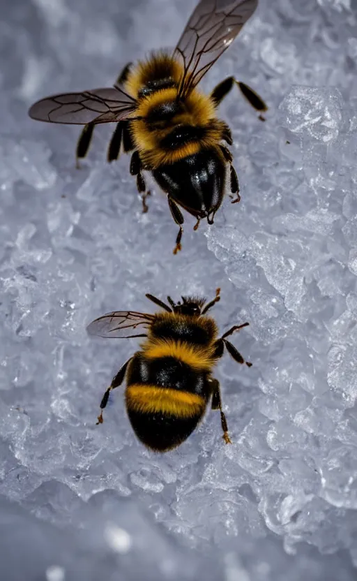 Prompt: a bee and a flower entrapped under a layer of ice, beautiful macro photography, ambient light