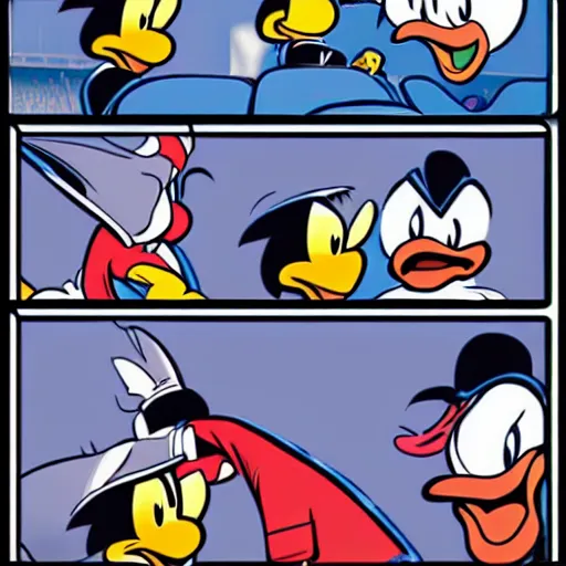 Prompt: funny comic pannel about donald duck score goal