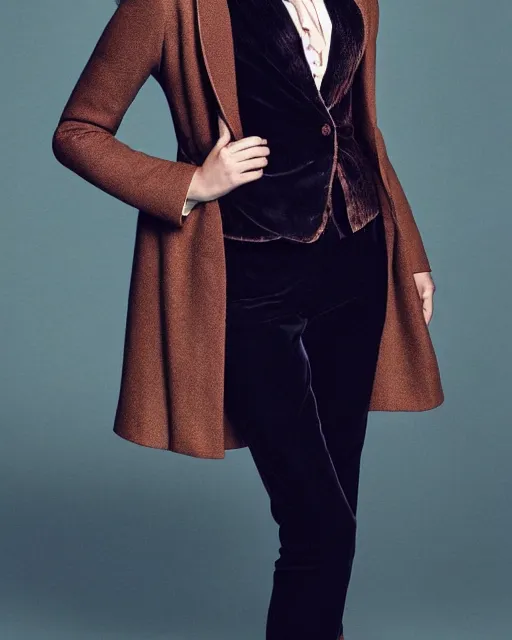 Image similar to Jenna Coleman as the Doctor, velvet frock coat, waistcoat