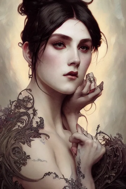 Prompt: portrait of a pretty gothic with tattoo, intricate, elegant, highly detailed, digital painting, artstation, concept art, smooth, sharp focus, illustration, art by artgerm and greg rutkowski and alphonse mucha and william - adolphe bouguereau