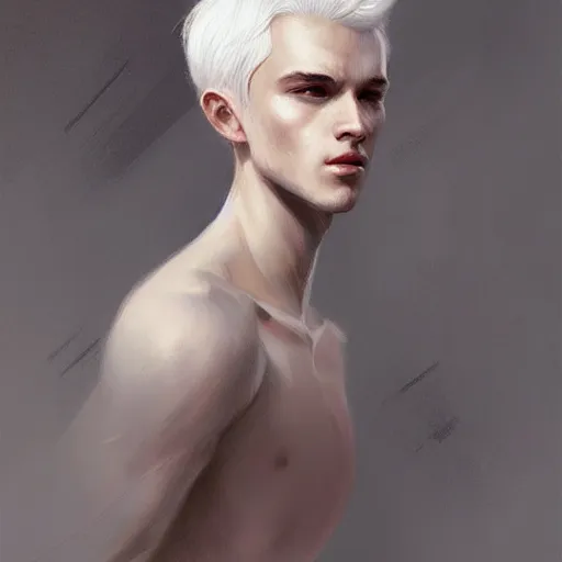 Prompt: young boy, white hair, gorgeous, amazing, feminine, elegant, intricate, highly detailed, digital painting, artstation, concept art, sharp focus, illustration, art by WLOP and greg rutkowski