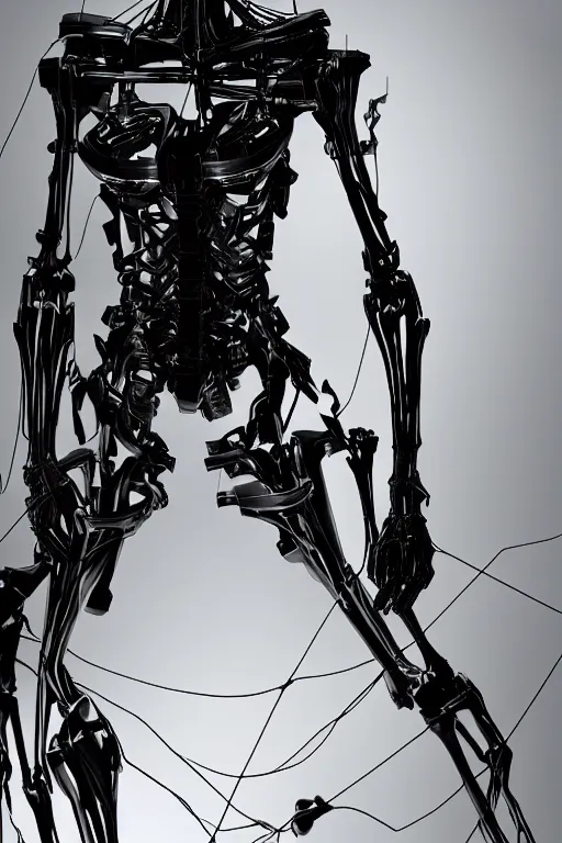 Image similar to skeletal black mecha (carbon fiber) cyberpunk 2077 long limbs black panels reflective. Skeletal face android face one eye ((glowing_red_eye)) exposed wiring cable wire harness RTX On UE5 Artstation Bladerunner 2049 scene