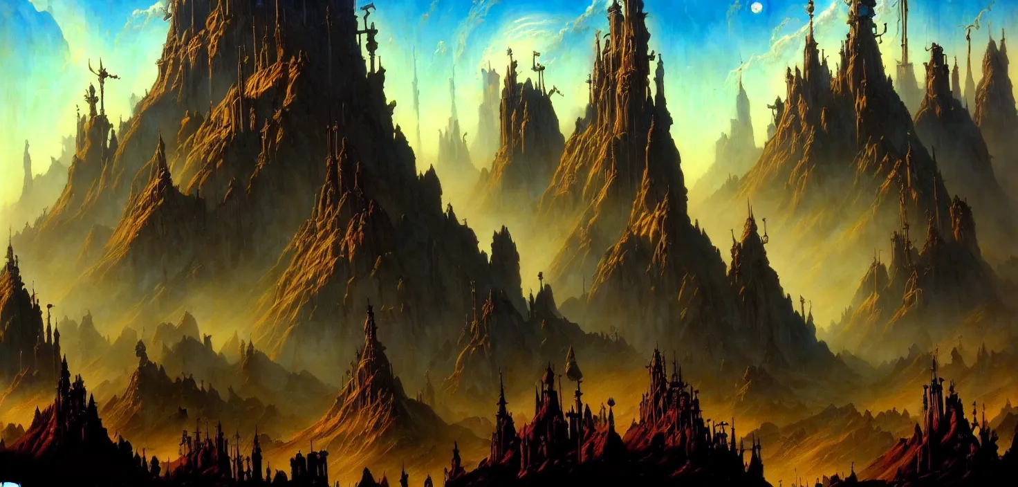 Image similar to exquisite imaginative fantasy landscape with steampunk towers movie art by : : james gurney lucusfilm weta studio, trending on artstation james jean frank frazetta