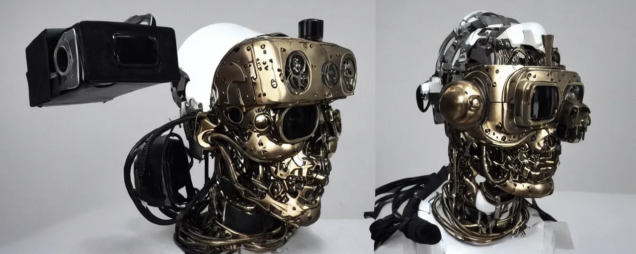 Prompt: vintage photo of advanced complex steampunk VR headset, terminator, robot, borg