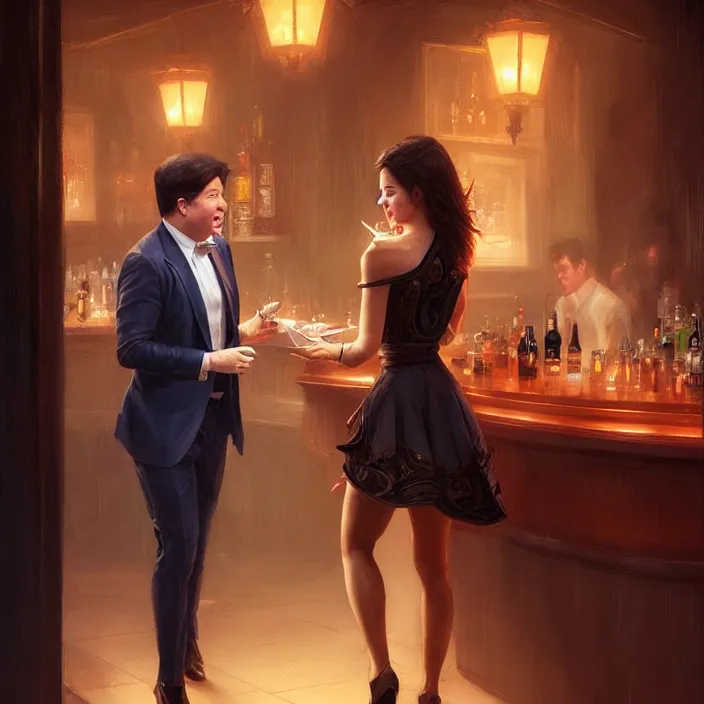 Image similar to michael mcintyre leaving a bar with with a singing waitress, elegant, real life skin, intricate artwork, high detailed, artstation, concept art, smooth, sharp focus, art by artgerm and greg rutkowski