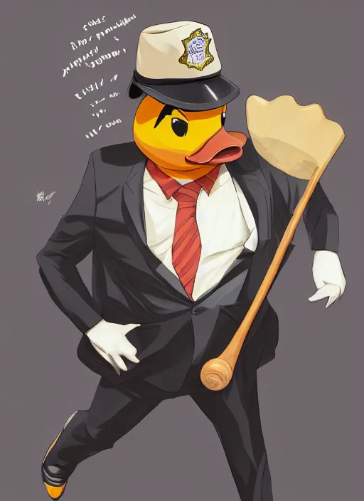 Image similar to commissioned full body portrait of a male anthro duck fursona with a duck head wearing a nice black suit and a fedora holding a baseball bat sitting on the hood of a police patrol car in a baseball stadium, by a professional manga illustrator, Stanley Artgerm Lau, WLOP, Rossdraws, James Jean, Andrei Riabovitchev, Marc Simonetti, and Sakimichan, trending on artstation