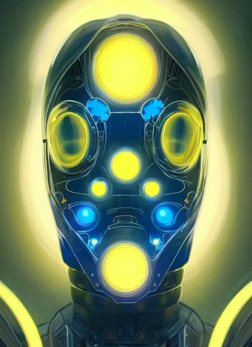 Prompt: symmetry!! portrait of robot, sci - fi, tech wear, blue and yellow glowing lights!! intricate, elegant, highly detailed, digital painting, artstation, concept art, smooth, sharp focus, illustration, art by artgerm and greg rutkowski and alphonse mucha
