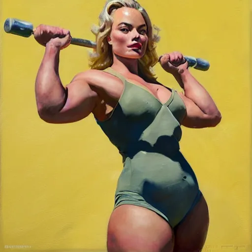 Prompt: greg manchess portrait of margot robbie as thick very muscular weightlifter with twintails and blondehair, eyes closed, medium shot, asymmetrical, profile picture, organic painting, sunny day, matte painting, bold shapes, hard edges, street art, trending on artstation, by huang guangjian and gil elvgren and sachin teng