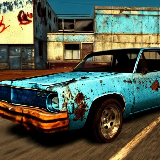 Prompt: A screenshot of a rusty, worn out, broken down, decrepit, run down, dingy, faded, chipped paint, tattered, beater 1976 Denim Blue Dodge Aspen in FlatOut 2, derby game mode