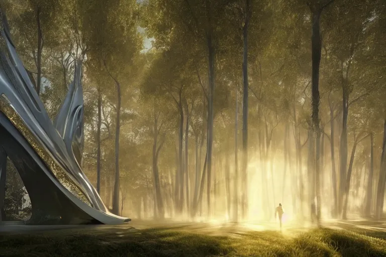 Image similar to extremely detailed sculpture designed by Zaha Hadid in a forest, stunning volumetric light, sunset, metal, concrete and translucent material, stunning skies, trending on Artstation, 8k, photorealistic, hyper detailed, unreal engine 5, IMAX quality, cinematic, epic lighting, in the style of Greg Rutkowski