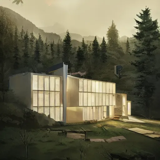 Prompt: beige rectangular house with big atrium surrounded by collumns, on a hill surrounded by big trees, dramatic lighting, artstation, matte painting, raphael lacoste, simon stalenhag, frank lloyd wright, zaha hadid, drone view