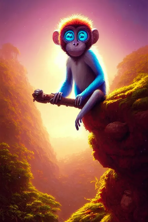 Prompt: highly detailed portrait of rainbow - colored cappuccin monkey, stephen bliss, unreal engine, fantasy art by greg rutkowski, rhads, ferdinand knab, makoto shinkai and lois van baarle, ilya kuvshinov, rossdraws, tom bagshaw, global illumination, radiant light, red blue theme, jungle, flowers