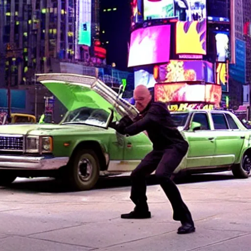 Image similar to walter white as incredible hulk throwing a car in time square