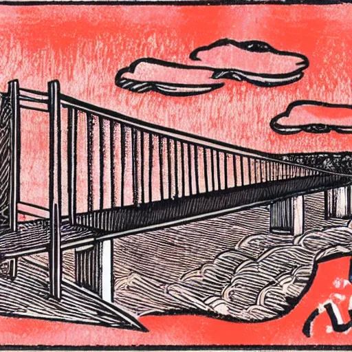 Image similar to small steel suspension bridge built in 1 9 2 8, side view, puffy clouds in background, marijuana cigarette floating in the sky, woodcut style, rubber stamp, 8 k