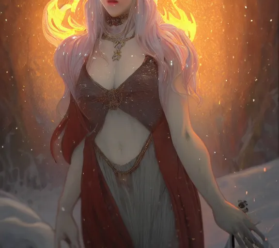 Image similar to beautiful ancient frost witch, fire in eye, snow glow, pool party, highly detailed, digital painting, artstation, sharp focus, illustration, art by tan zi and ayanamikodon and alphonse mucha and wlop!