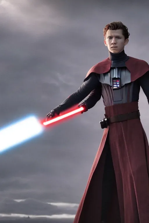 Image similar to tom holland as a sith in a new star wars film, 3 5 mm photography, highly detailed, cinematic lighting, standing pose, holding lightsaber 4 k