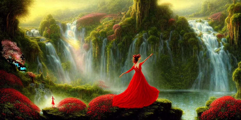 Image similar to an elegant fairy queen in a red lace dress dancing looking out at a lord of the rings scenery landscape, vast lush valley flowers and giant mushroom structures, waterfall falling into a clear lake, river, sunrise, god's rays highly detailed, vivid colour, soft clouds, floral sunset, cinematic lighting, perfect composition, gustave dore, derek zabrocki, greg rutkowski