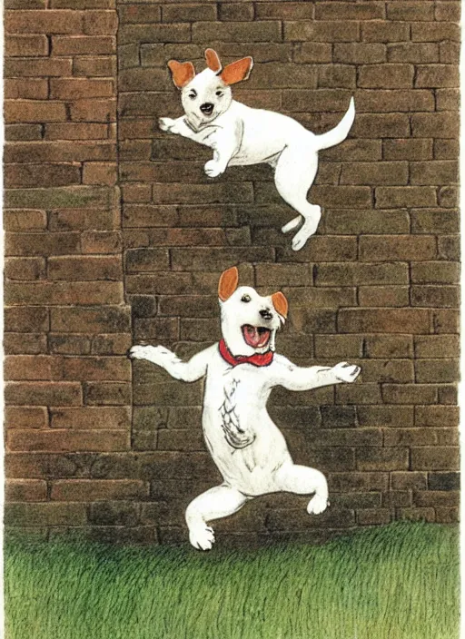 Image similar to jack russel terrier jumping from the ground over a brick wall, illustrated by peggy fortnum and beatrix potter and sir john tenniel