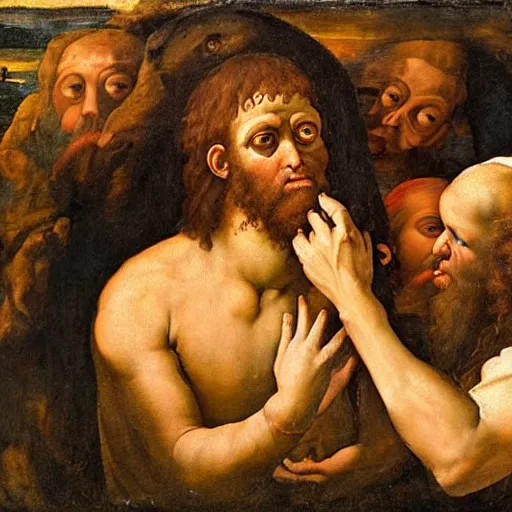 Image similar to renaissance painting of the cyclops-giant Polyphemus emerging from his cave