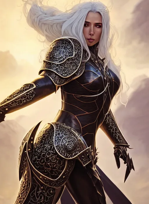 Image similar to opal leather armor!!! long wild white hair!! covered chest!!! fantasy, d & d, intricate ornate details, symmetry, concept art, sharp focus, illustration, art by artgerm! greg rutkowski magali villeneuve wlop! ilya kuvshinov!!, octane render, unreal engine 5, highly rendered!!