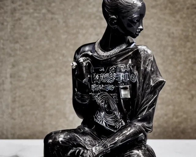 Prompt: extremely beautiful black marble statue with colorful japanese motorcycle logos in the style of fashion designer virgil abloh, sharp focus, clear, detailed,, cinematic, detailed, off white, glamourous, symmetrical, vogue, editorial, fashion, magazine shoot, glossy