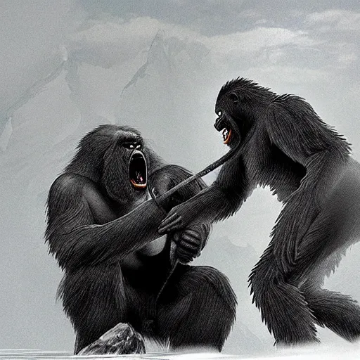 Image similar to a high detailed realistic photo of a yeti and sasquatch battling king kong