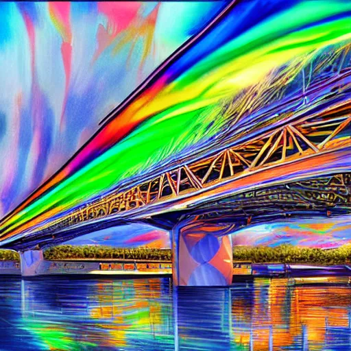 Image similar to extremely colorful, award winning digital art 4 k ultra detailed, milwaukee hoan bridge illustrated by andrew android jones