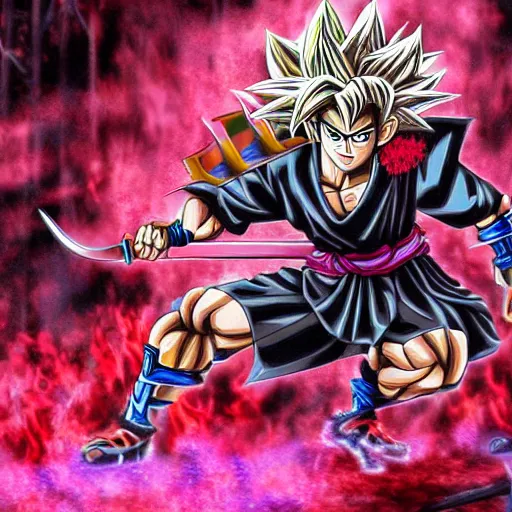 Prompt: samurai fused with Goku with fire sword in a forest full of trees and pink petals, photo realistic
