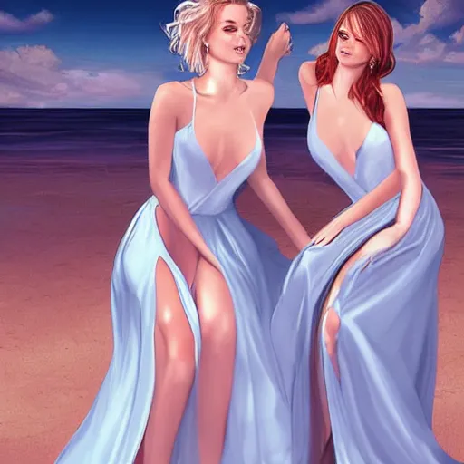 Image similar to two beautiful princesses in skintight satin prom dresses on the beach drawn by charlie bowater