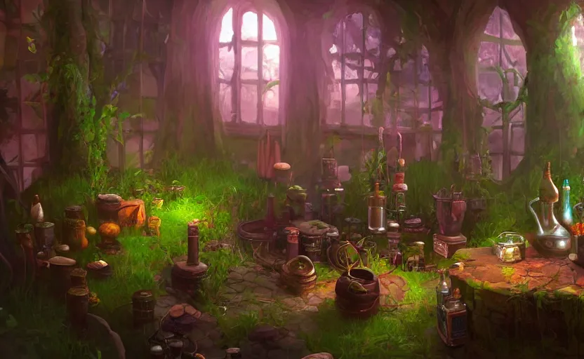 Prompt: interior of a witch's shot, bottles of potions, a large cauldron with bubbles, lush vegetation, artstation, concept art by peter chan, colorful lighting